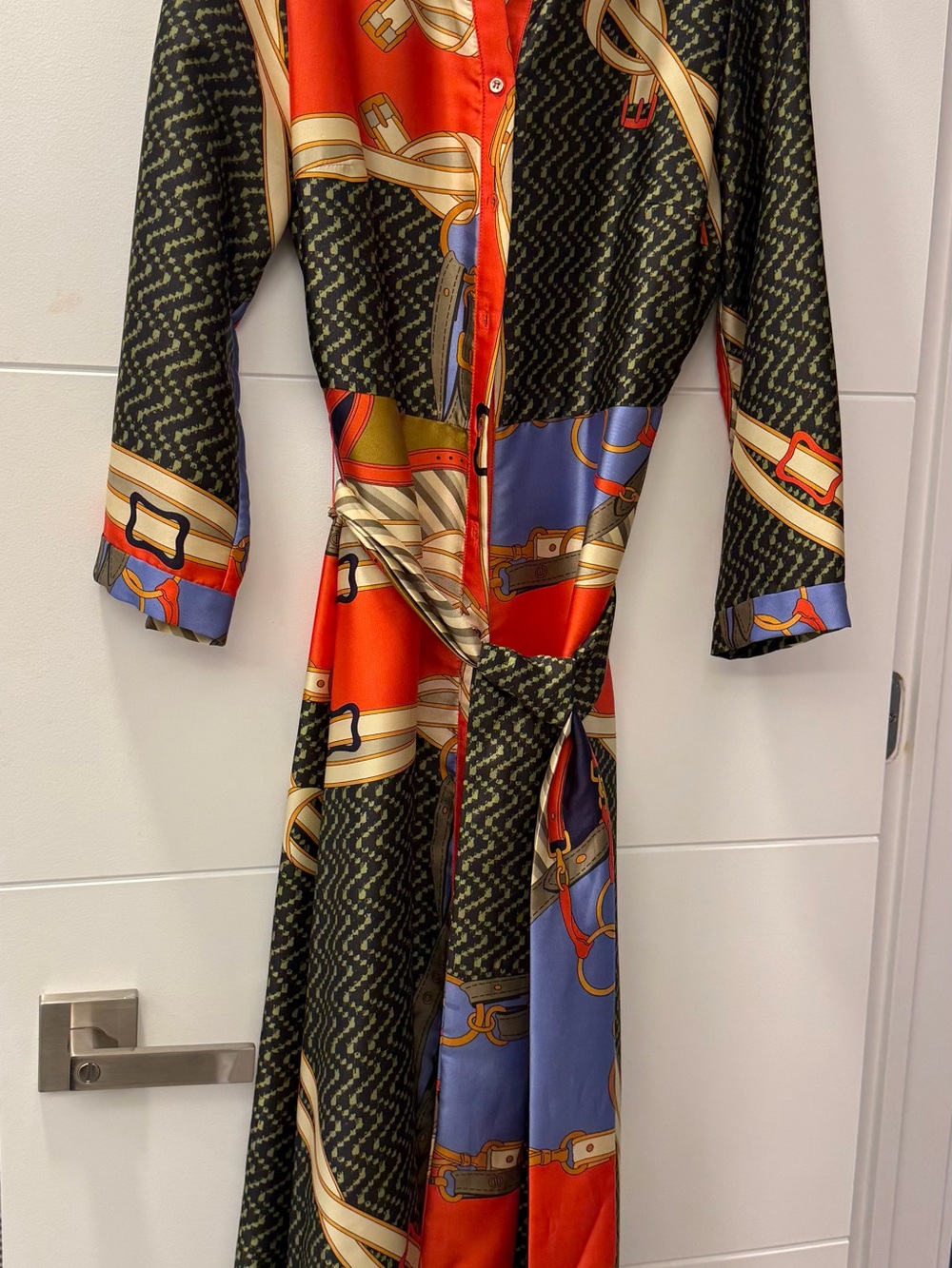 Silk-Feel Multicolor Belted Shirt Dress